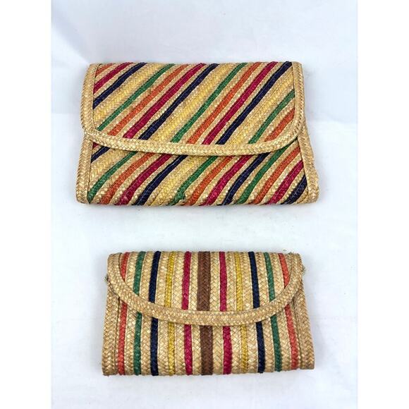 Vintage Handbags - Lot of 2 Vintage Woven Straw Jute Multi Colored Striped‎ Clutch Crossbody